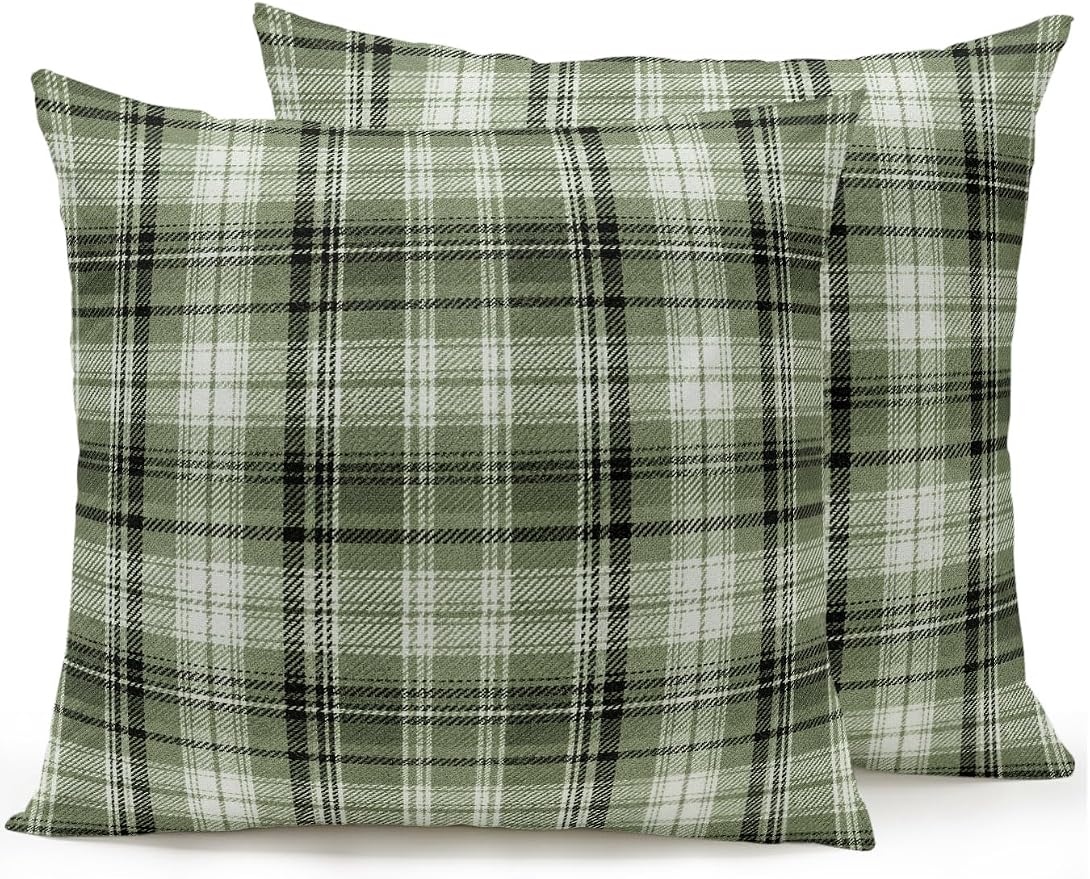 Waterproof Outdoor Pillow Set of 2 Green Checked Plaid Decorative Throw Pillows Cover & Insert 16x16 Inch Pillowcase Stripes Woven Grid Square Pillows for Couch Sofa Bed Patio Furniture Indoor Outdoor