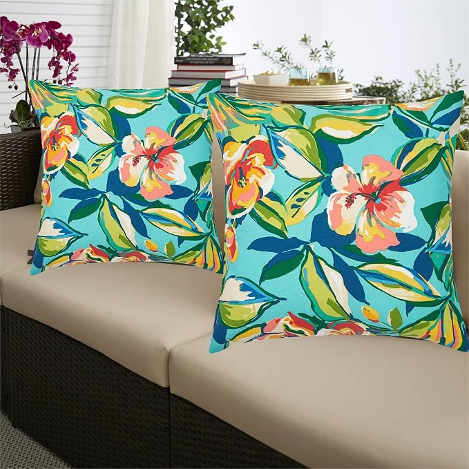 Outdoor Pillow Covers 18x18 Inch Pack of 2, No Insert-Rosario Flower Leaf | Square Throw Pillow Covers, Water-Repellent, Modern Pillow Cases for Sofa Patio Couch Decoration