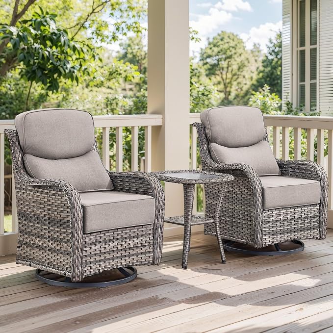 HUMMUH Outdoor Patio Wicker Swivel Rocker Chairs with 6-Inch Thick Cushion High Back 3 PCS Wicker Conversation Set for Porch Balcony Deck