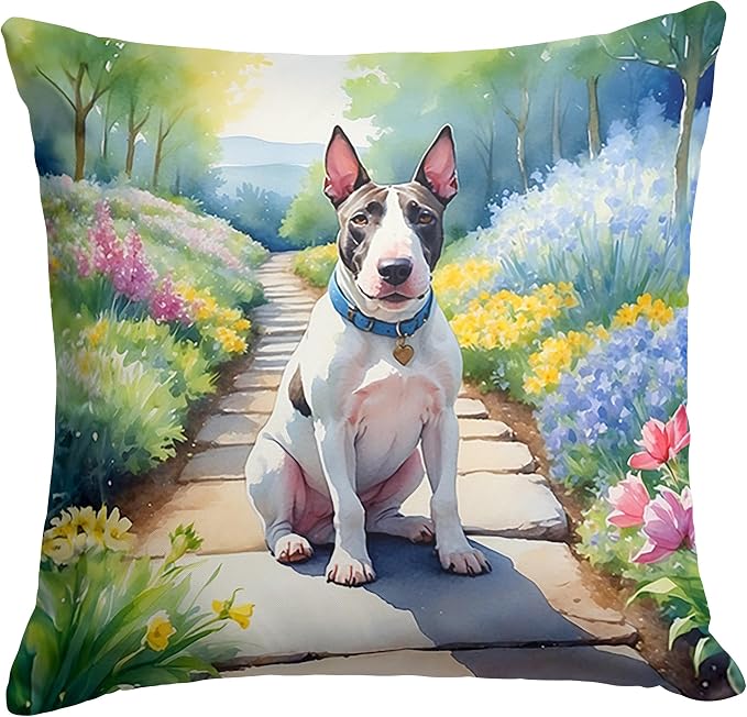 Caroline's Treasures Bull Terrier Spring Path Throw Pillow Machine Washable, Indoor Outdoor Decorative Pillow for Couch, Bed or Patio, 18Hx18W