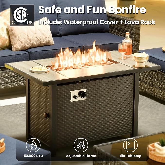 ovios 7 Pieces Patio Furniture Set, Outdoor Wicker Sofa Couch with Swivel Glider Chairs Fire Pit Table, Modern Deep Seat Rattan Conversation Sets for Deck Porch, Denim Blue
