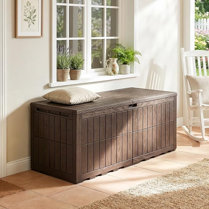 Tangkula 180 Gallon Outdoor Storage Box, Waterproof PP Resin Patio Storage Box with Lockable Lid for Indoor & Outdoor Use, 2-in-1 Rattan Design Deck Box for Cushions, Garden Tools