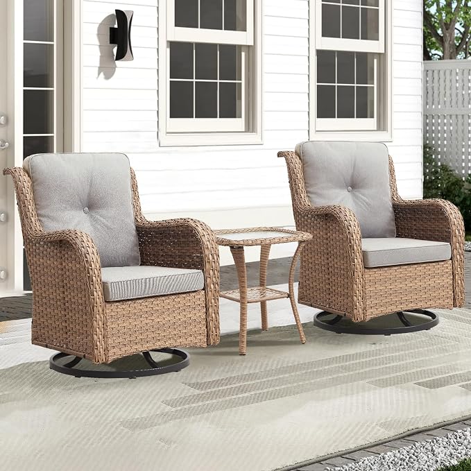 Outdoor Swivel Rocker Patio Chairs-Wicker Patio Swivel Chairs Set of 2 with Side Table PE Rattan Patio Furniture Set for Porch Deck Balcony Garden-Yellow/Beige