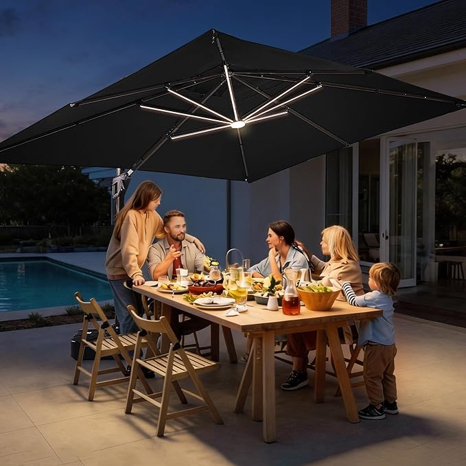 JZAC & QZYD 10X13 FT Outdoor Cantilever Patio Umbrella with LED Lights, Large Heavy Duty 2-Tier Aluminum Offset Umbrellas with 360-Degree Rotation for Pool Deck, Black