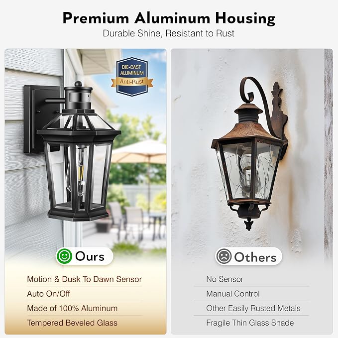 VIANIS Black 2 Pack Outdoor Lights for House, Dusk to Dawn Porch Light Lantern, Exterior Lighting for House Wall Mount, Motion Sensor Light Outside for Garage, Brightness Distance Adjustable