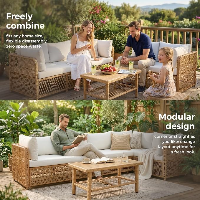 ABCASA Outdoor Patio Sectional Furniture Set with Waterproof Cover, Oversized Wicker Outdoor Furniture Set w/Water-Resistant Fabric & Thick Cushion, L Shaped Patio Conversation Set for Pool Yard,Beige
