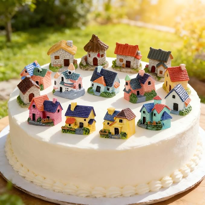 HYSTYLE Miniature Fairy Garden Stone House, 12 Pcs Mini Resin House, Mini Fairy Cottage House Village House Fairy Garden Kits Figurines for DIY Outdoor Decorations Garden,Patio Outdoor Décor