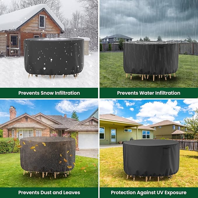 Mrrihand Round Patio Furniture Cover, Waterproof Heavy Duty 600D Outdoor Table Covers Anti-Fading Cover for Outdoor Furniture Set, 110"DIAx28"H, Black