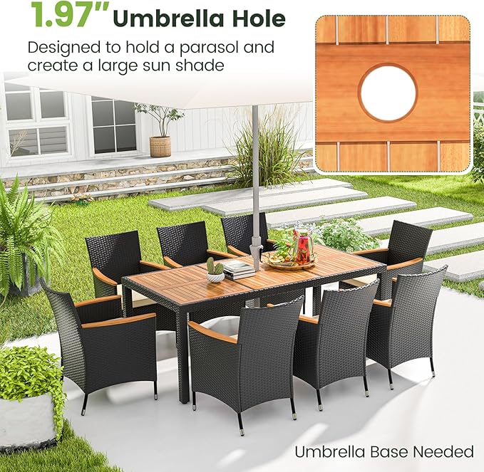 COSTWAY 9-Piece Patio Dining Set for 8, Outdoor Rattan Wicker Table and Chairs Furniture Set with Umbrella Hole, Acacia Wood Tabletop for Backyard, Balcony, Poolside, Black & Beige