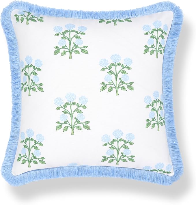 Hofdeco Premium Grandmillennial Coastal Hampton Patio Indoor Outdoor Throw Pillow Cover Only, 20"x20" Water Repellent for Backyard, Couch, Poolside, Baby Blue Green Print Hydrangea Flowers