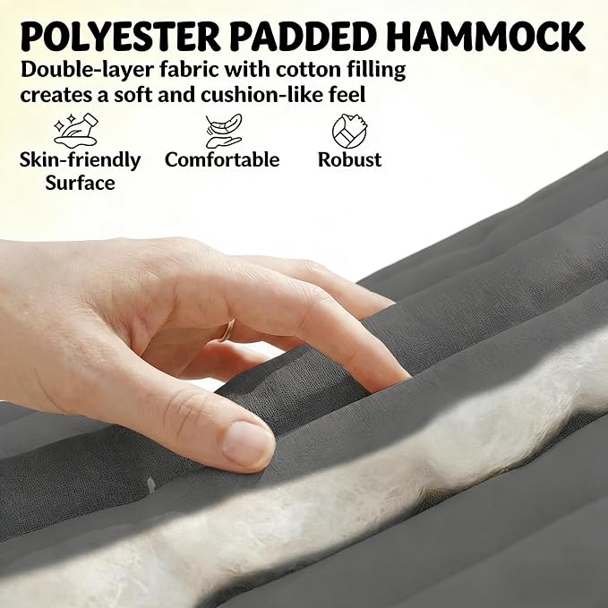 Double Hammock Outdoor Patio Garden Spreader Bars Gray | Quilted Polyester Extra Wide 2 Person Hammock Beechwood Spreader Bars Detachable Pillow Pocket and Hanging Kit Included