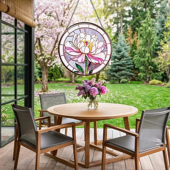 Stained Glass Window Hanging, Pink Peony Suncatcher 7.8 in Sun Catcher Glass Panel Boho Wall Art Decor with Chain Diamond Glass Panel Hangings Scenery Sun Catchers Decor for Lover Couple Mom