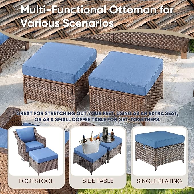 Patio Furniture Set-7 Pieces Outdoor All-Weather Wicker Conversation Set Outdoor Rattan Sofa Couch with Patio Chairs Ottomans for Porch Garden Backyard Poolside-Brown/Blue