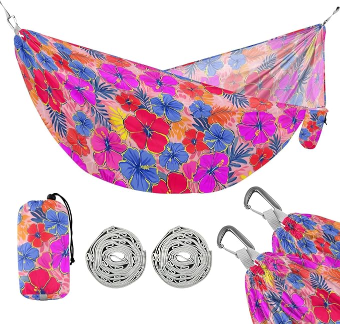 Camping Hammock Outdoor Hammocks for Outside Purple Flower Hibiscus Beach Trees Portable Lightweight with Pockets Tree Straps Indoor