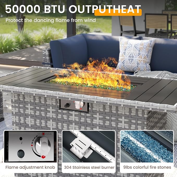 UDPATIO Patio Furniture Set with Fire Pit Table, 8 Pcs Outdoor Sectional Sofa, PE Wicker Patio Conversation Set for Garden, Backyard (Grey Cushions with Grey Rattan)