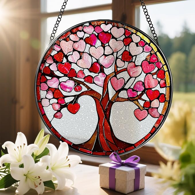 8'' Love Heart Tree Sun Catcher - Stained Glass Window Hanging, Suncatcher for Window Doors Home Decor | Christmas, Birthday, Mother's Day, Valentine's Day Gifts for Her, Girlfriend, Wife, Mom, Friend