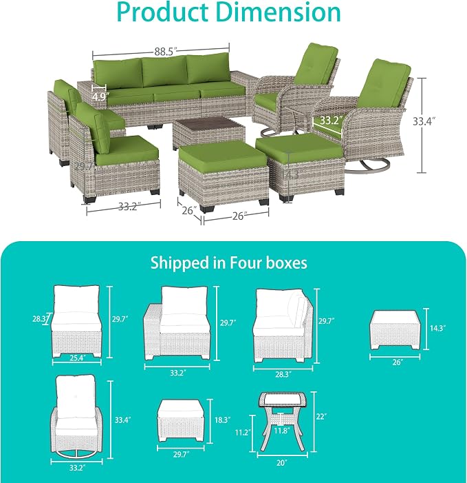 11-Piece Outdoor Patio Furniture Set with Rocking Swivel Chair Wicker Sectional Sofa Set, Patio Conversation Set with Ottomans & Coffee Table for Garden, Backyard, Avocado Green