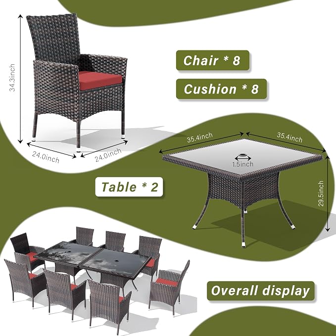 10 Pieces Outdoor Patio Dining Set,Patio Table and Chairs Rattan Outdoor Patio Furniture Set with Umbrella Hole,Dining Table Set for 8 with Chairs for Backyard,Garden and Kitchen,Red