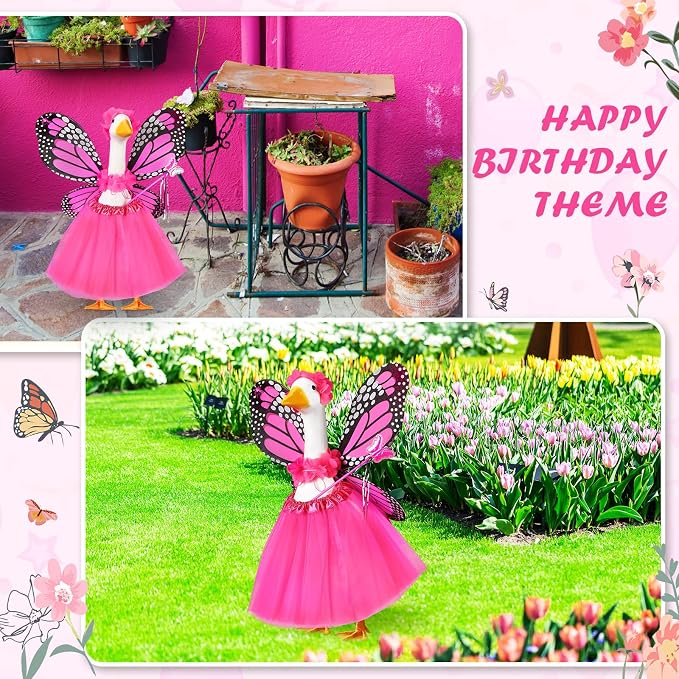 5pcs Butterfly Porch Goose Outfit Costume Tutu Skirt Butterfly Wing Wand Flower Crown for 17‘' 23‘' Cement Goose