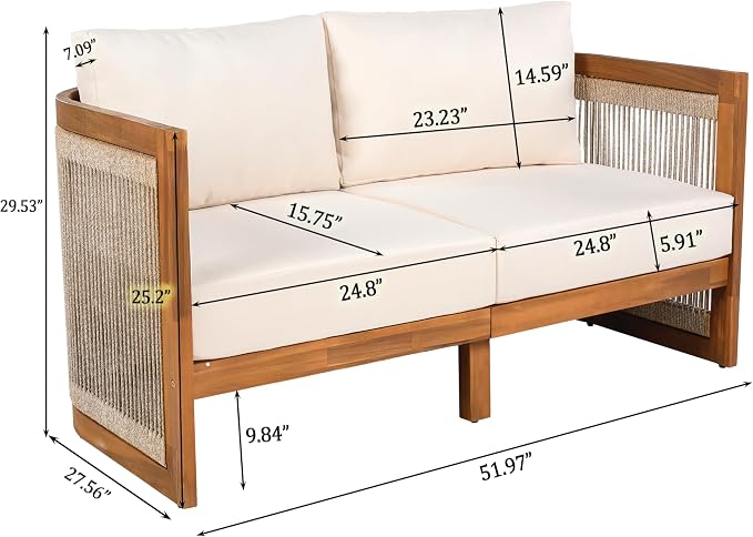Christopher Knight Home Nesbit 4 Pieces Conversation Set, Acacia Wood Chat Set, Woven Rope Loveseat and Accent Chairs, Slat Panel Coffee Table, Patio Furniture Set for Backyard Balcony Garden, Beige