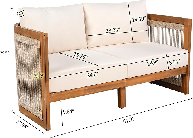 JIVOIT Acacia Wood Outdoor Furniture Set, 4-Piece Patio Seating Group with 2 Chairs, Loveseat & Coffee Table, Curved Tub Design with Woven Rope Accents, Water-Resistant Cushions (Beige,Teak//51)