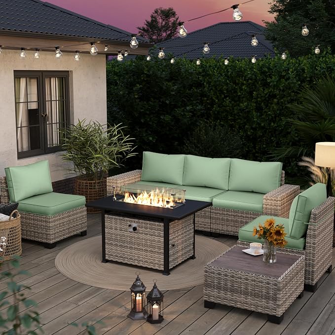7-Piece Outdoor Patio Furniture Set with 55,000 BTU Fire Pit Table, PE Wicker Rattan Sectional Sofa Patio Conversation Set with Thickened Cushions & Coffee Table, Light Green