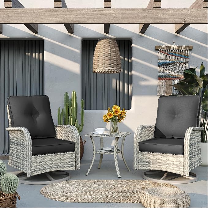6-Piece Patio Rocking Swivel Chair Outdoor Wicker Rattan Bistro Set with Tempered Glass Side Table, Outdoor Patio Furniture Set for Garden, Deck, and Balcony, Dark Grey