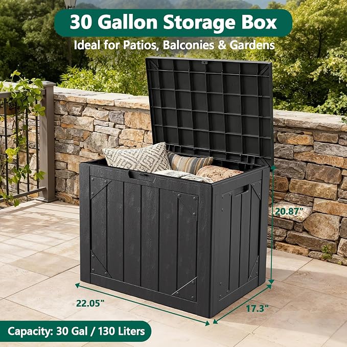 30 Gallon Outdoor Storage Box, Waterproof Resin Deck Box Organizer for Patio Cushion Storage, Lockable Outside Container for Garden Tools