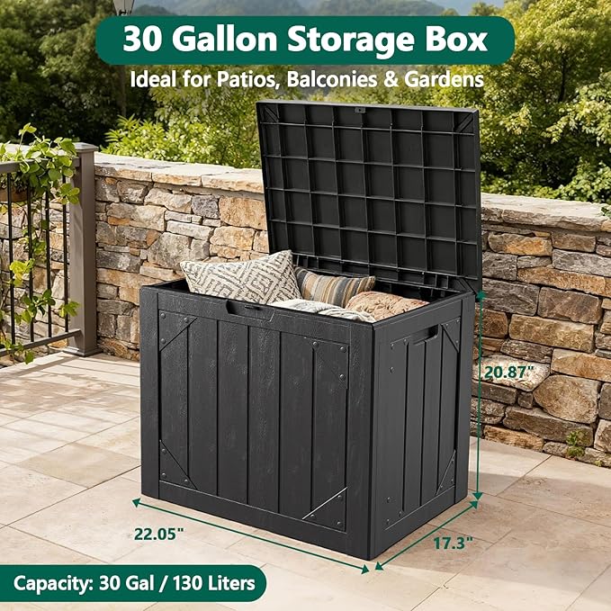 30 Gallon Outdoor Deck Box 4 Pack, Waterproof Resin Patio Storage Boxes with Lockable Lid, Small Outdoor Storage for Cushions, Accessories, Garden Tools, Indoor Outdoor Organizer, Black