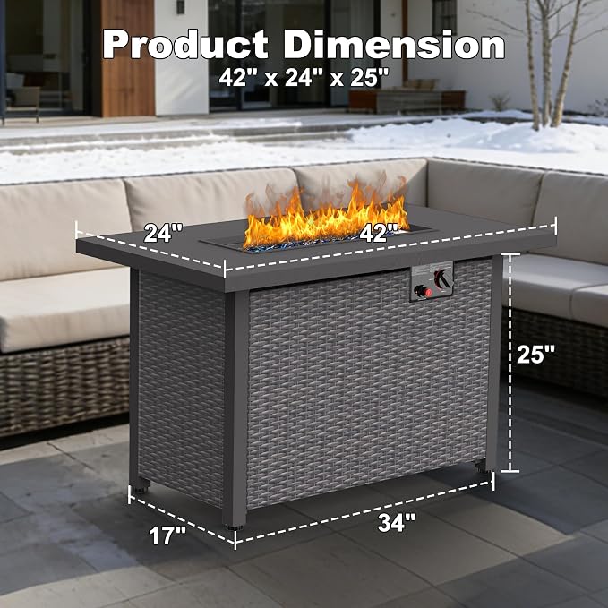 Patio Furniture Set with Fire Pit Table, 7PCS Outdoor Conversation Sets Waterproof Rattan Sectional Sofa with 4” Thickened Cushion Modular Wicker Patio Furniture Set with Glass Top Table (Grey)