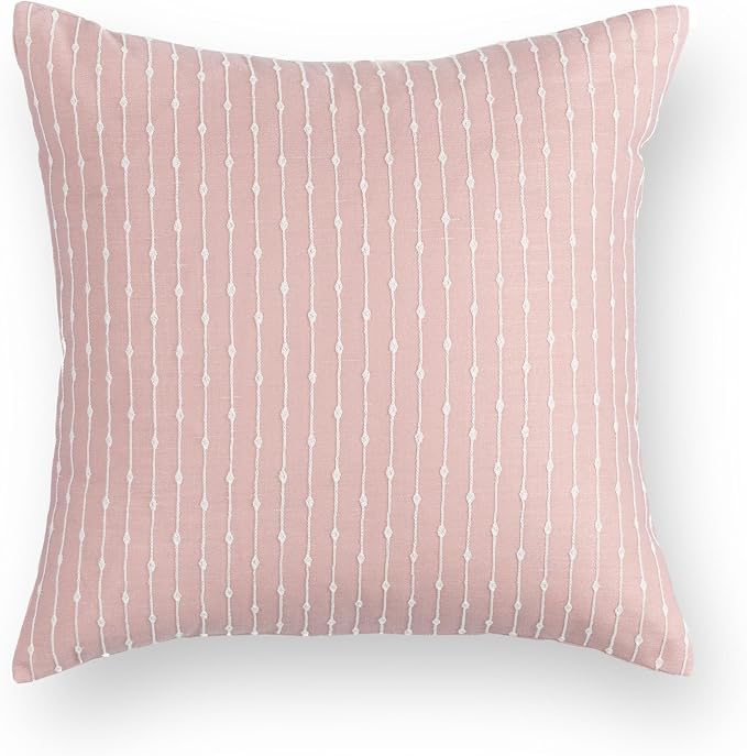 Modern Farmhouse Fall Linen Indoor Outdoor Throw Pillow Cover Only, 20"x20" Water Repellent for Patio, Backyard, Couch, Dark Rose Neutral Embroidered Stripes