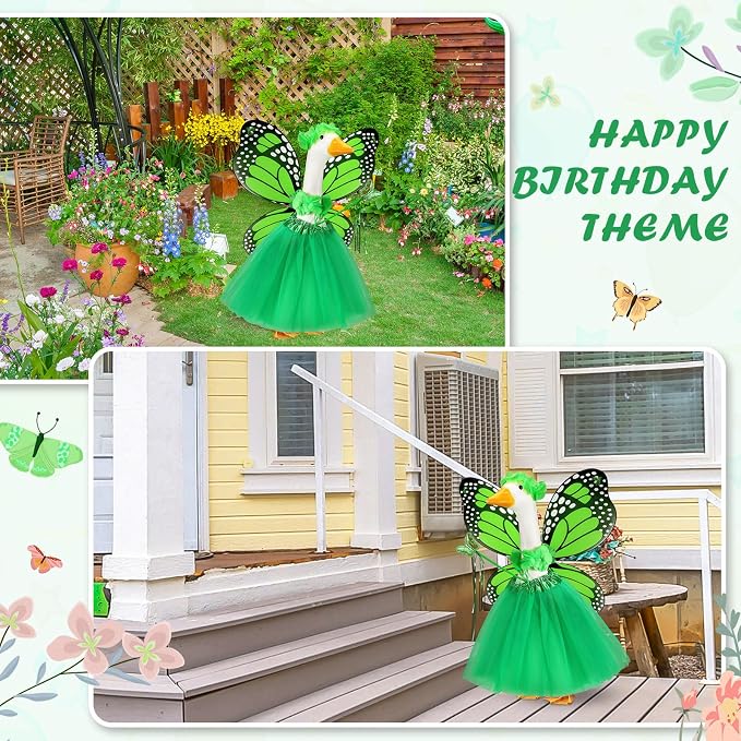 5pcs Butterfly Porch Goose Outfit Costume Tutu Skirt Butterfly Wing Wand Flower Crown for 17‘' 23‘' Cement Goose