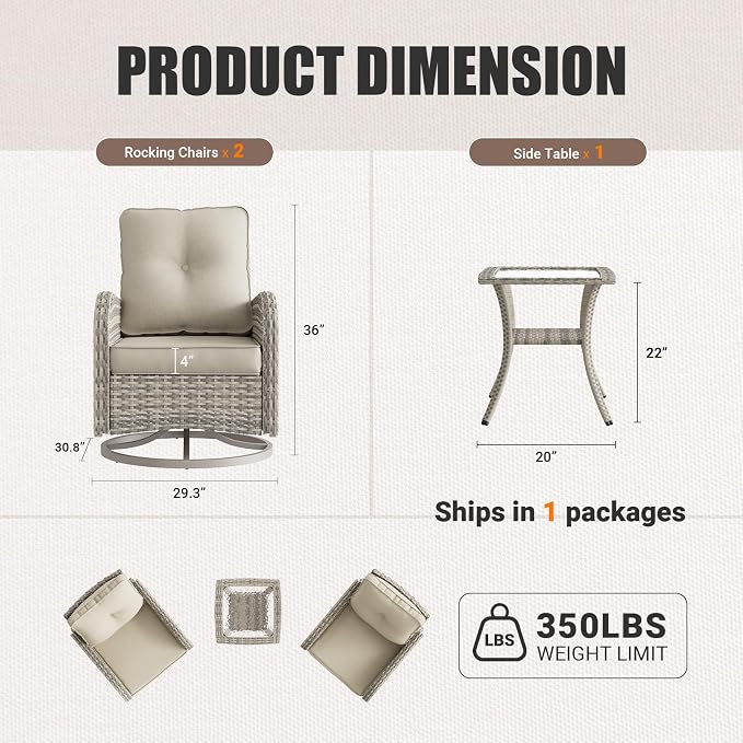 Patio Rocking Swivel Chair Outdoor Wicker Rattan Bistro Set with Tempered Glass Side Table, Outdoor Patio Furniture Set for Garden, Deck, and Balcony, White