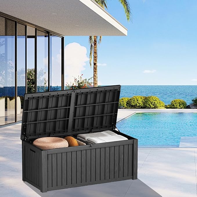 180 Gallon Deck Box Organizer, Doubles as 2-Person Bench Seat, Black – Large Resin Outdoor Storage and Seating with Lockable Lid for Garden, Pool, and Patio
