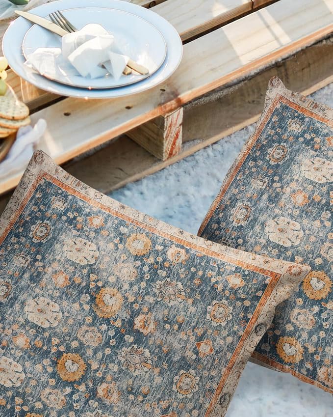 Outdoor Waterproof Pillow Covers Set of 2, Meddle Century Vintage Flowers Mural Pattern Patio Throw Pillow Covers, Decorative Cushion Case for Couch Sofa Furniture Garden, 16x16 Inch