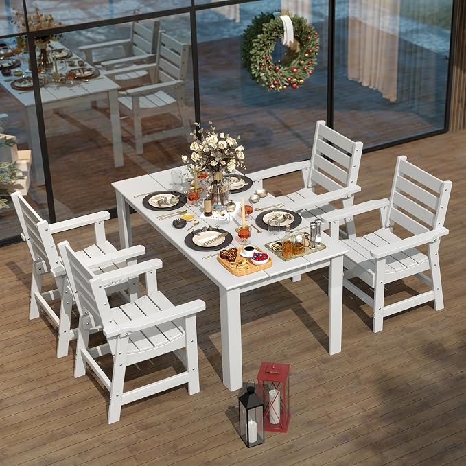 IVY&LANE Outdoor Dining Table | HDPE | 67’’ Rectangle Tables | White | All Weather | Umbrella Hole | Patio Furniture | for Poolside Lawn Garden Backyard