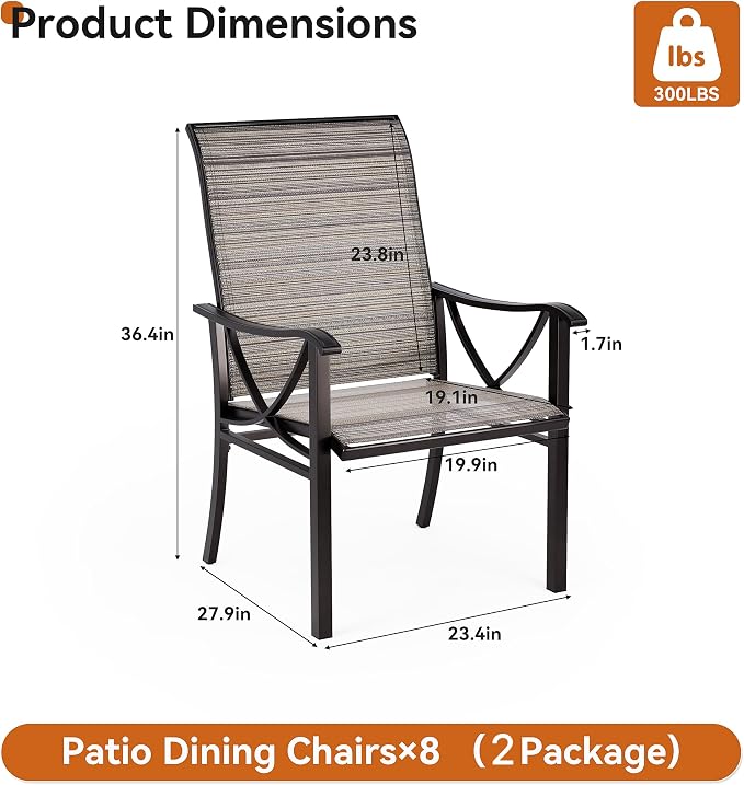 Gotland 9 Piece Outdoor Dining Set, Metal Outdoor Table and Chairs with X-Shaped Legs 1.5" Umbrella Hole, Patio Furniture Set with Breathable Seat Backrest, Patio Dining Sets for Backyard Deck Brown