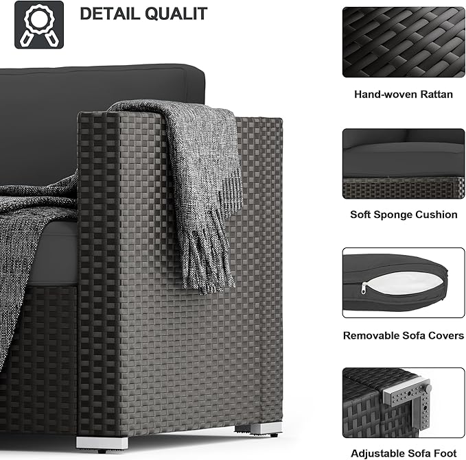Betterland 7 Piece Outdoor Sectional Sofa Patio Furniture Set, All-Weather PE Rattan Wicker Patio Conversation Set with Washable Cushion, Glass Table and Waterproof Cover(Grey)
