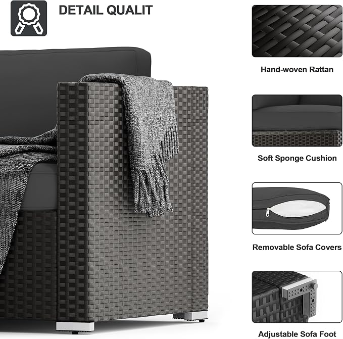 SUNCROWN 7-Piece Outdoor Patio Furniture Sofa Set All-Weather Wicker Sectional Conversation Set with Modern Glass Coffee Table, Cushions and A Waterproof Cover for Backyard, Garden, Poolside, Grey