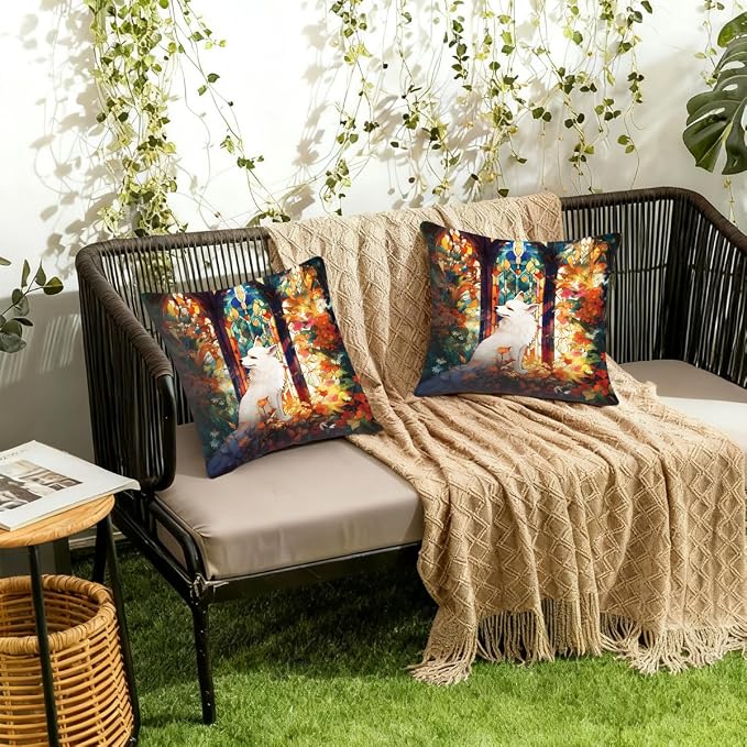 16x16 Inch Outdoor Pillow Covers Set of 2 Waterproof Throw Pillow Covers Decorative Couch Cushion Covers Art Fox Leaves Square Pillowcases Protectors for Patio Garden Sofa