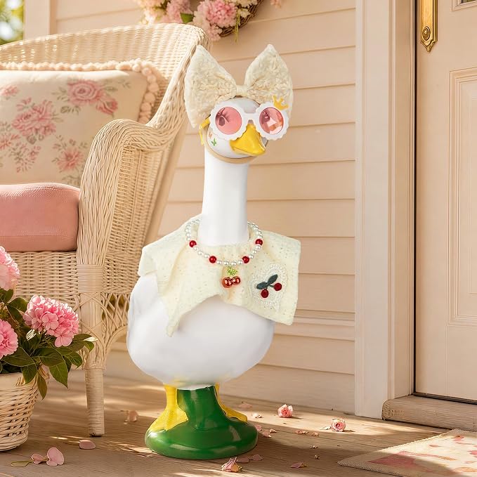 Porch Goose Statue 8pc Accessory Combination Set, White Lace Goose Accessories Kit with Glasses Bow Hat Necklace Stickers for 23 Inch Goose, Elegant Girl Style Yard Decor (White Lace 8PC)