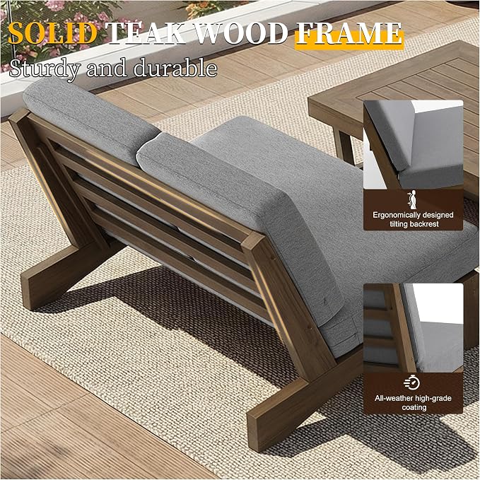 5 Pieces All Weather Wood Patio Furniture Sets, 2 Patio Loveseat, 2 Patio Bistro Chair, Outdoor Sectional Sofa Furniture Backyard Conversation Set with Coffee Table - Grey