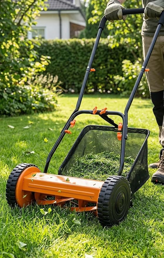 14in Push Along Lawn Mower - Lightweight 13.2 lbs - 4 Cutting Heights 0.6" to 1.6" - Rear Roller for Stripes - 14in Heavy Duty Steel Blades - 4.8 Gallon Collection Box (14 in)