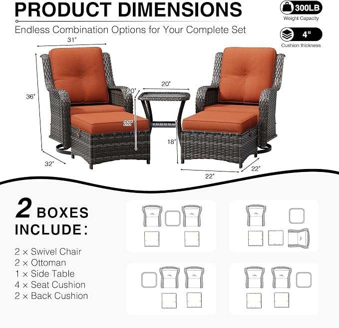 Joyside 5 Piece Wicker Patio Furniture Set, Outdoor Swivel Rocker Patio Chairs with High Back, Deep Seating, Wide Armrest, Thickened Cushions, Outdoor Furniture for Deck, Porch Use