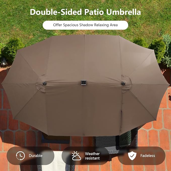 Tangkula 11 Pieces Patio Dining Set with 15 ft Double-Sided Patio LED Umbrella (Base Included), Outdoor Rattan Furniture Set with 8 Armchairs, 1 Rectangular Acacia Wood Dining Table (Tan)
