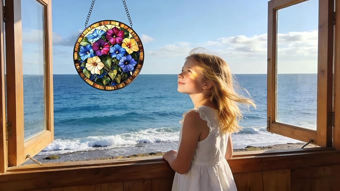 Stained Glass Window Hanging - The Blooming Morning Glory 6.3 Inches Suncatcher for Garden Home Decor for Women Mon Grandma Friends