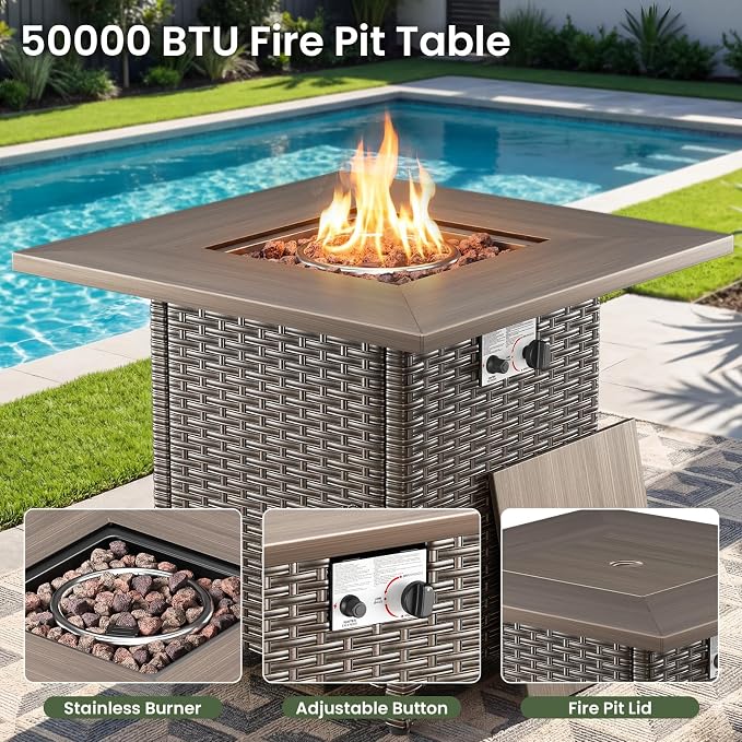 Luxury Patio Furniture Set 10pcs with 6-inch Cushion, Outdoor Furniture with Fire Pit Table, Swivel Chairs, Sofa, Side Table, Ottomans, Patio Set for Deck Yard Brown Wicker | Blue Cushions