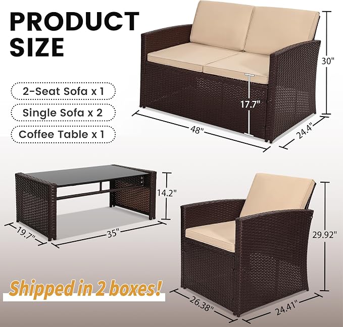 KROFEM 4-Piece Patio Furniture Set, Wicker Outdoor Rattan Sectional Sofa with Cushions and Glass Table, All-Weather Outdoor Conversation Set for Garden, Porch, Backyard, Patio, Beige