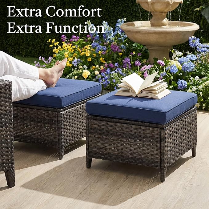 Outdoor Swivel Chairs-Patio Swivel Glider Chairs with Ottomans Outdoor Conversation Set for Deck Balcony Poolside Backyard-Grey/Blue