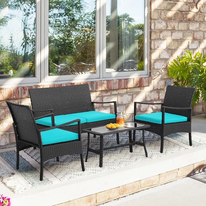 Tangkula 8 Pieces Rattan Conversation Set, Patio Sofa Couch Set with Tempered Glass Coffee Table, Seat Cushions, Outdoor Wicker Loveseat Set for Poolside, Courtyard, Balcony (2, Turquoise)